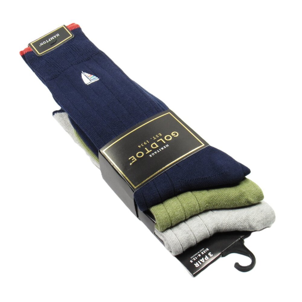 Gold Toe Men's Hampton Crew Ribbed Socks 3 Pair NavySageGray One Size